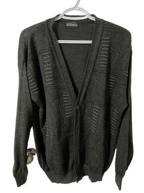 Vintage Cooper Wool Blend Grey With Green Detail Cardigan Sweater Size M